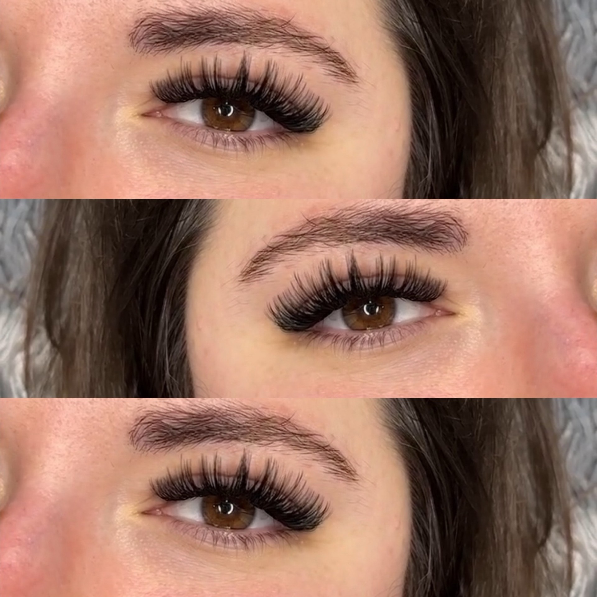 Volume lash extensions triptych, close-up