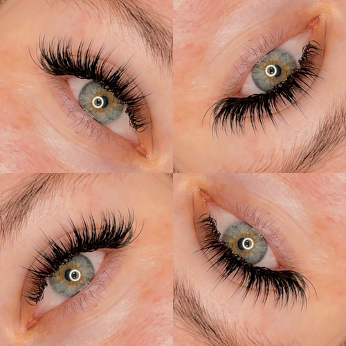Custom volume lashes on green eyes, four-up close-up