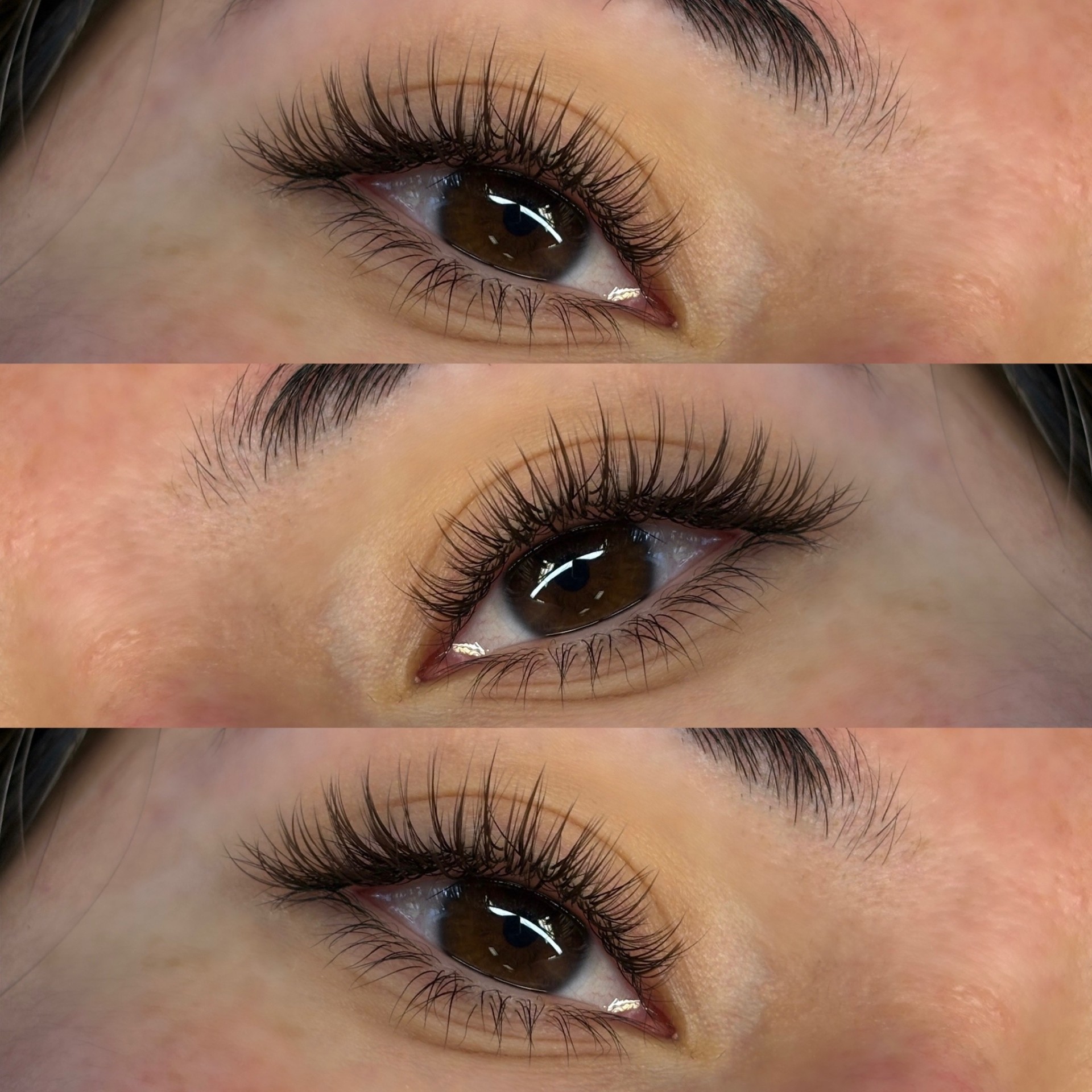 Custom lash extensions triptych, close-up