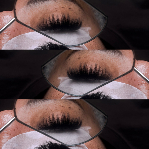 Mega volume lashes viewed through mirror, triptych